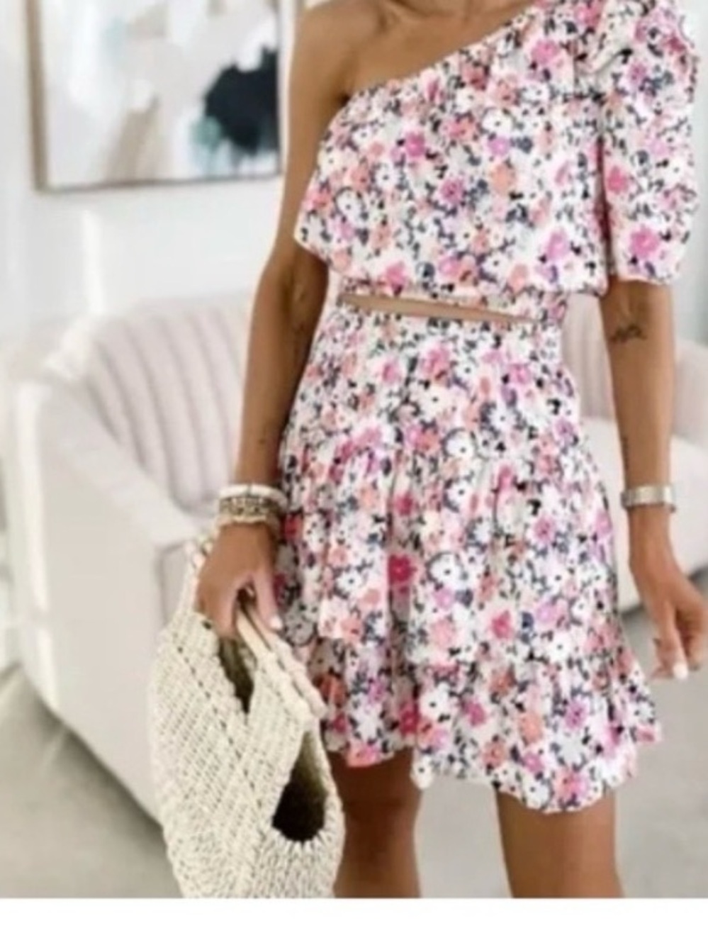 Universal Thread Pink Floral One-Shoulder Skirt Set